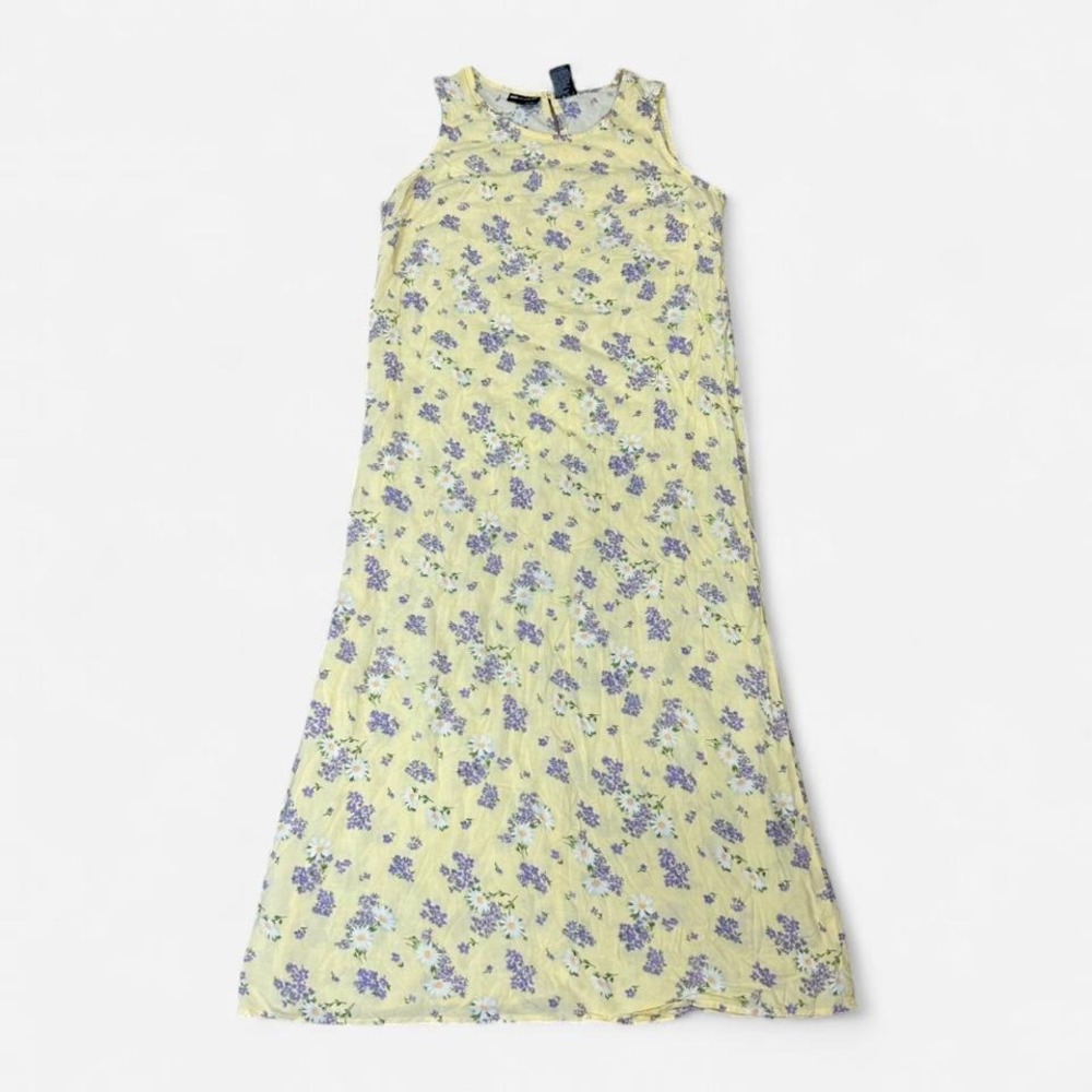 Vintage Yellow Purple Floral Midi Dress Pull On Womens 14 Cottagecore Summer